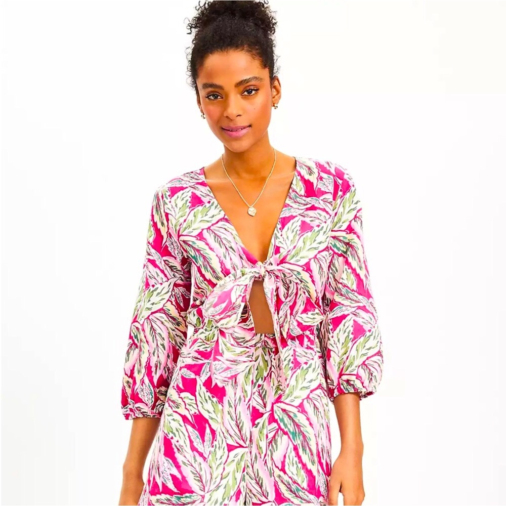 Loft Beach Palm Tie Front Linen 3/4 Sleeve Pink Palm Floral Print Romper